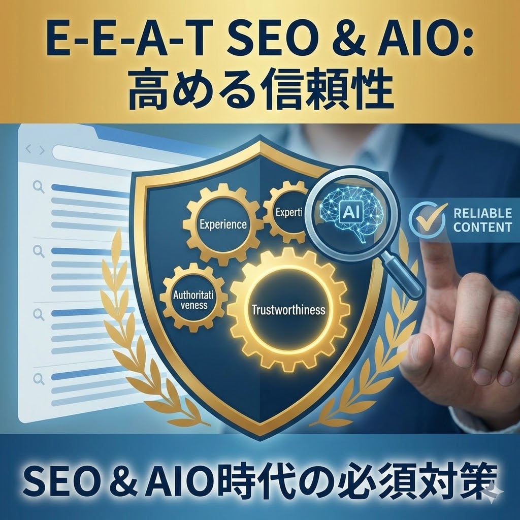 SEOとAIO対策におけるE-E-A-Tの重要性を表すイラスト。信頼性を象徴するブルーのシールドとAI技術の融合イメージ。「E-E-A-T SEO & AIO: 高める信頼性」という文字が含まれた正方形の画像。