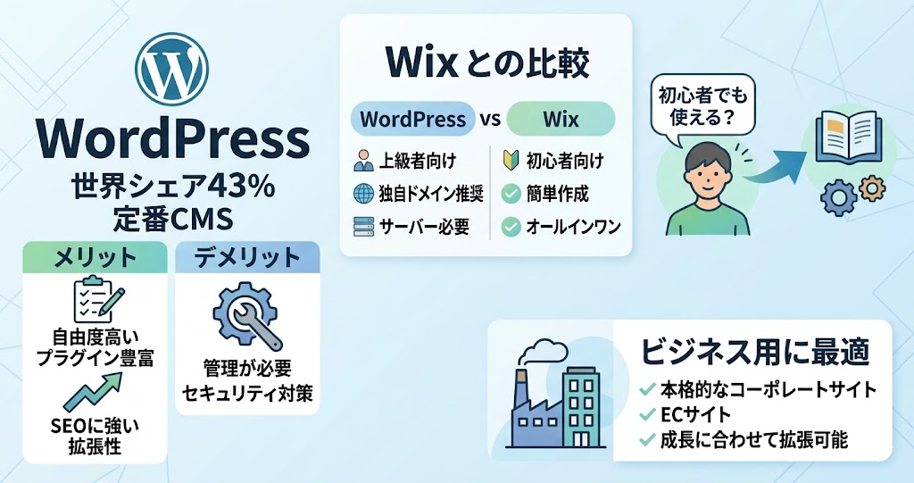 「WordPress」に関する主要な情報（メリット・デメリット・Wixとの違いなど）を、視覚的に分かりやすくまとめたデザインに仕上げています。ビジネス用ホームページに最適な理由や、初心者への配慮もイラストとテキストで簡潔に表現しています。