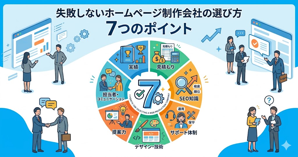 ホームページ制作会社選びの7つのポイントを解説するインフォグラフィックのイラスト。 上部には、大きな黒文字で「失敗しないホームページ制作会社の選び方」と、その下に大きな青文字で「7つのポイント」という日本語のタイトルがある。 中央には、チェックマークと歯車が組み込まれた大きな青い数字の「7」があり、その周囲を英語で「7 POINTS FOR SELECTING A WEB PRODUCTION COMPANY」と囲んでいる。 この中央の数字を囲むように、7つのポイントが円グラフのように配置されている