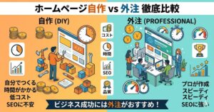 Gemini の回答 ホームページ構築の「自作（DIY）」と「外注（PROFESSIONAL）」を比較したインフォグラフィック。上部にタイトル「ホームページ 自作 vs 外注 徹底比較」があり、画面は中央で2分割されています。左側の「自作（DIY）」セクションでは、一人の人物がツール（スパナ、ブロック、ペン）を使ってウェブサイトのプロトタイプを構築しているイラストと共に、特徴として「自分でつくる、時間がかかる、低コスト、SEOに不安」が箇条書きで挙げられています。イラストの周りには、時計、コインの山、上昇グラフ、SEO、品質のメダルアイコンが配置されています。右側の「外注（PROFESSIONAL）」セクションでは、プロフェッショナルのチームが複数の画面で協力して作業しているイラストと共に、特徴として「プロが作成、スピーディ、高品質、SEOに強い」が箇条書きで挙げられています。イラストの周りには、ドルと円のコイン、スピードメーター、時計、品質メダル、1位のトロフィーと上昇グラフが配置されています。下部には、結論として「ビジネス成功には外注がおすすめです！」というメッセージが書かれた、右向きの矢印型の帯があります。全体的に、自作は低コストだが時間がかかり不安があり、外注は高品質でスピーディだがコストがかかる、という対比が明確に示されています。