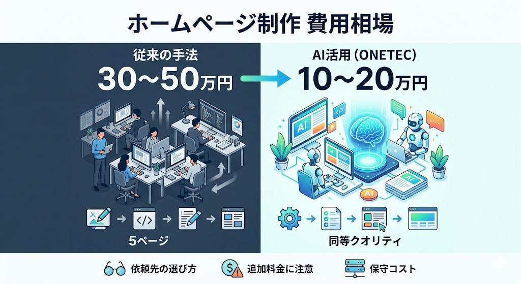 ホームページ制作の費用相場を比較する正方形の画像。左側は「従来の手法（30〜50万円）」として大勢のスタッフが作業する様子、右側は「AI活用・ONETEC（10〜20万円）」としてAIロボットが効率的に制作する様子が描かれ、コストダウンと高クオリティを視覚的に表現しています。