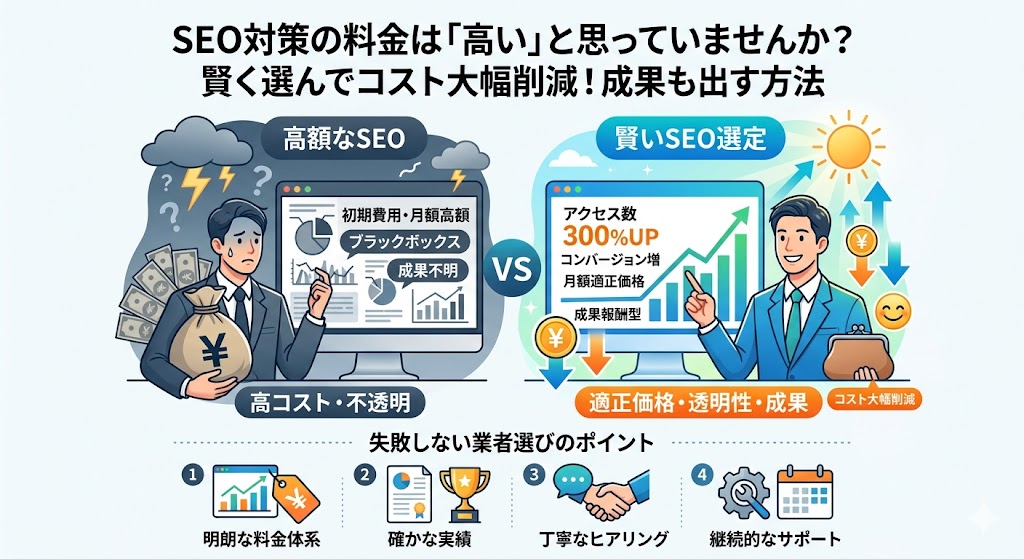 SEO対策の料金に関するインフォグラフィック。上部に「SEO対策の料金は「高い」と思っていませんか？ 賢く選んでコスト大幅削減！成果も出す方法」と書かれている。中央で「高額なSEO」と「賢いSEO選定」が比較されており、左側は高コストで不透明、成果が不明であることを示し、右側は適正価格でアクセス数アップなどの成果が出やすいことを示している。下部には「失敗しない業者選びのポイント」として、1.明朗な料金体系、2.確かな実績、3.丁寧なヒアリング、4.継続的なサポートの4点がアイコンと共に紹介されている。