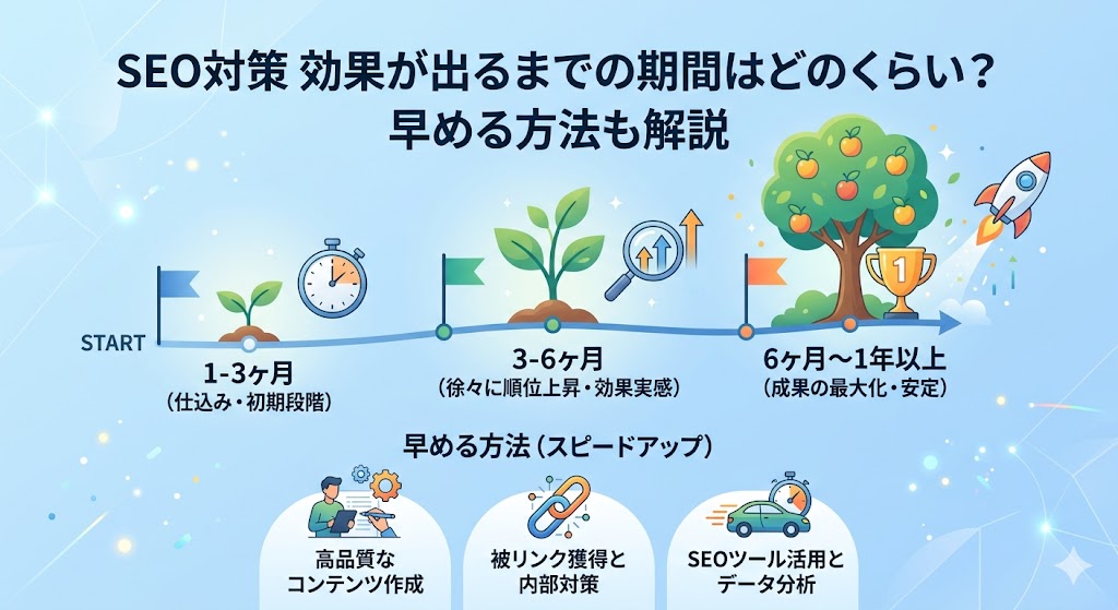 SEO対策 効果が出るまでの期間はどのくらい？ 早める方法も解説』というタイトルの記事のアイキャッチ画像。SEOの成長タイムライン（1-3ヶ月、3-6ヶ月、6ヶ月〜1年以上）と、効果を早める3つの対策（コンテンツ作成、被リンク、ツール活用）を視覚的にまとめたイラスト。