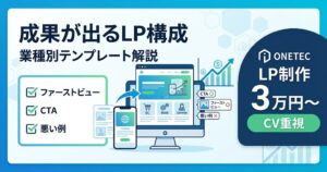 「成果が出るLP構成 業種別テンプレート解説」というタイトルが中央に配置された、青を基調としたアイキャッチ画像。PCとスマートフォンの画面でLPの構成案が示され、「ファーストビュー」「CTA」「悪い例」といったチェックポイントや、右肩上がりのグラフが描かれています。右下には「ONETEC LP制作 3万円〜 CV重視」というサービス内容が記載されています。
