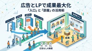 「広告とLPで成果最大化」をテーマにした、アイソメトリック（俯瞰）形式のインフォグラフィック。 上部にはメインタイトル「広告とLPで成果最大化」とサブタイトル「『入口』と『部屋』の活用術」と書かれている。 左側は「広告（入口）」のセクションで、リスティング広告、SNS広告、動画広告、ディスプレイ広告、ディデオ広告のドアが並んでおり、それぞれのプラットフォームを象徴する画面（スマホ、PC、動画プレーヤーなど）が表示されている。多様な人々がこれらのドアから出て、中央の大きな矢印に沿って右側へ移動している。 右側は「LP（成果の部屋）」のセクションで、建物（LP）の内部が描かれている。中央には「成果」と書かれた大きな青い宝石と台座があり、上向きの成長グラフと宝箱も置かれている。建物の壁には「購入」や「お問い合わせ」といったアクションボタンが表示されており、人々はここで成果を喜び、アクションを起こしている。 下部には「広告なしの集客」というセクションがあり、SEO、SNS、ブログのアイコンが表示されている。ここからの矢印も、右側の成果の建物へと続いている。 全体として、異なる種類の広告（入口）からユーザーを集め、効果的なLP（部屋）に誘導することで成果（CV）を最大化するフローを視覚的に説明している。