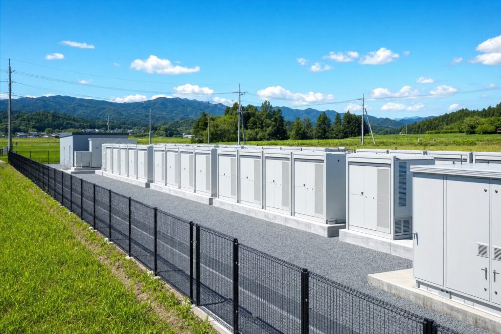 フェンスに囲まれ、整然と並んだ蓄電池設備